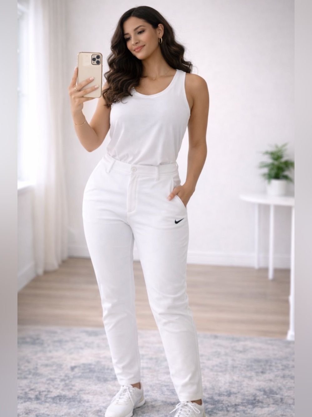 Nike Women's White High-Rise Skinny Pants with Black Swoosh Accent